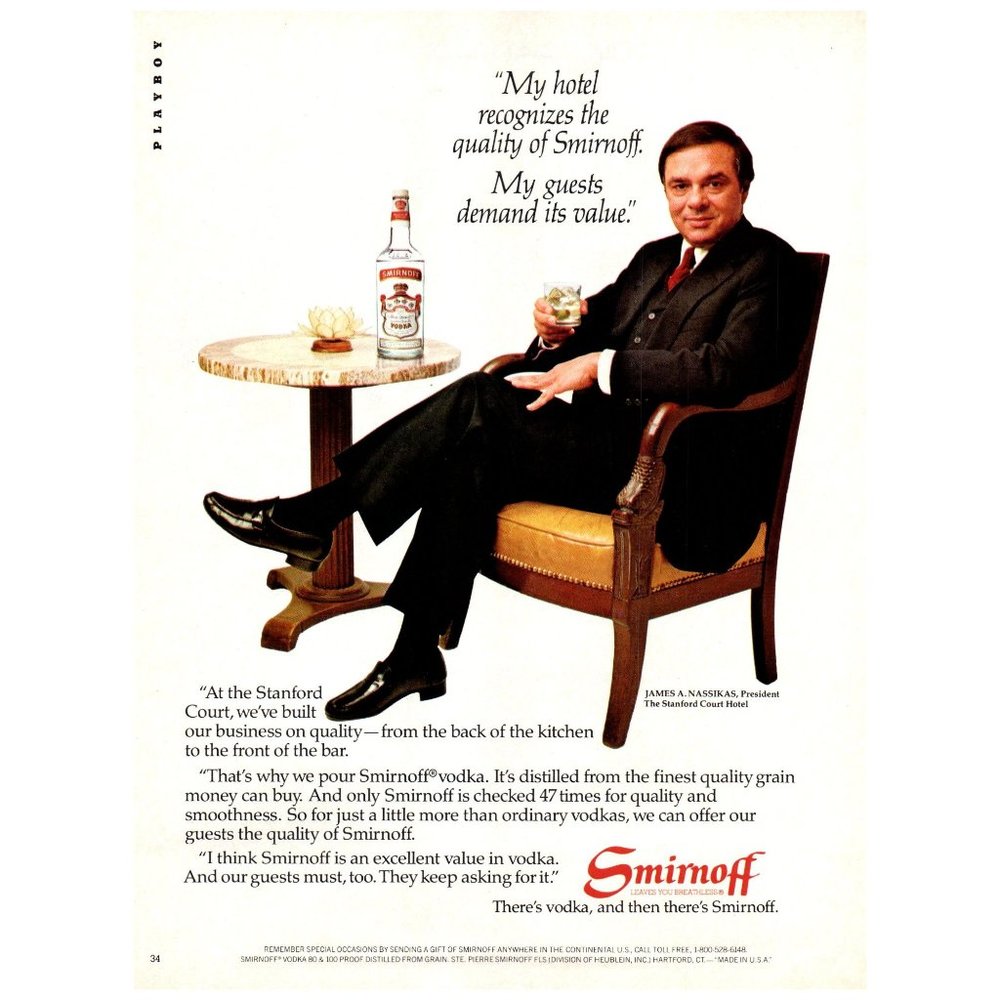 1984 Smirnoff Vodka Vintage Print Ad Stanford Court Hotel Travel Breathless